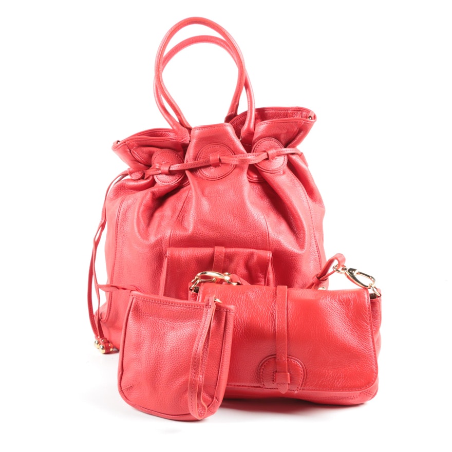 Isaac Mizrahi Live! Red Pebbled Leather Drawstring Bag and Accessories