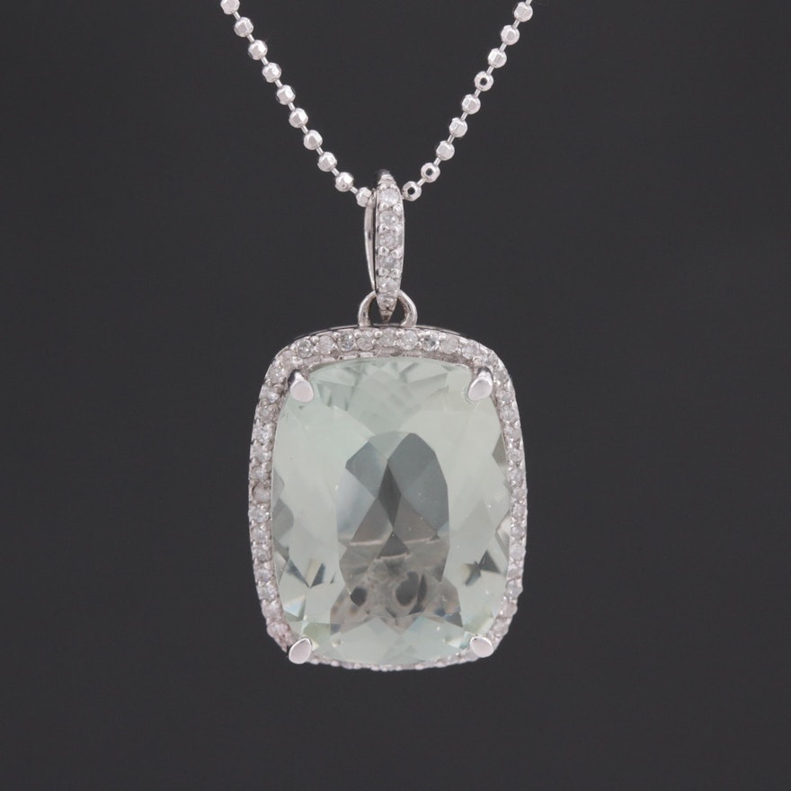 Sterling Silver Prasiolite and Diamond Pendant Necklace