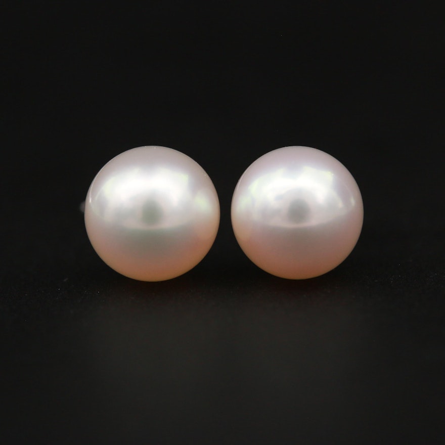 Mikimoto 14K White Gold Cultured Pearl Stud Earrings with Pouch