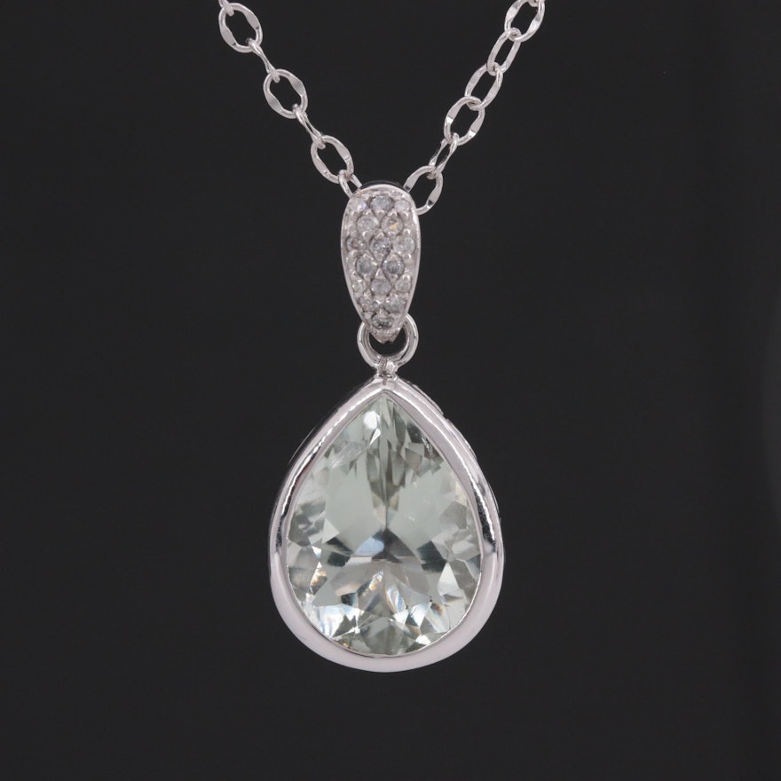 Sterling Silver Prasiolite and Diamond Pendant Necklace