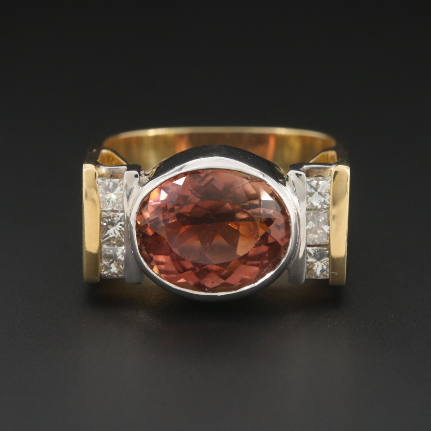 18K Yellow Gold Tourmaline and Diamond Squared Shank Ring with 14K Gold Bezel