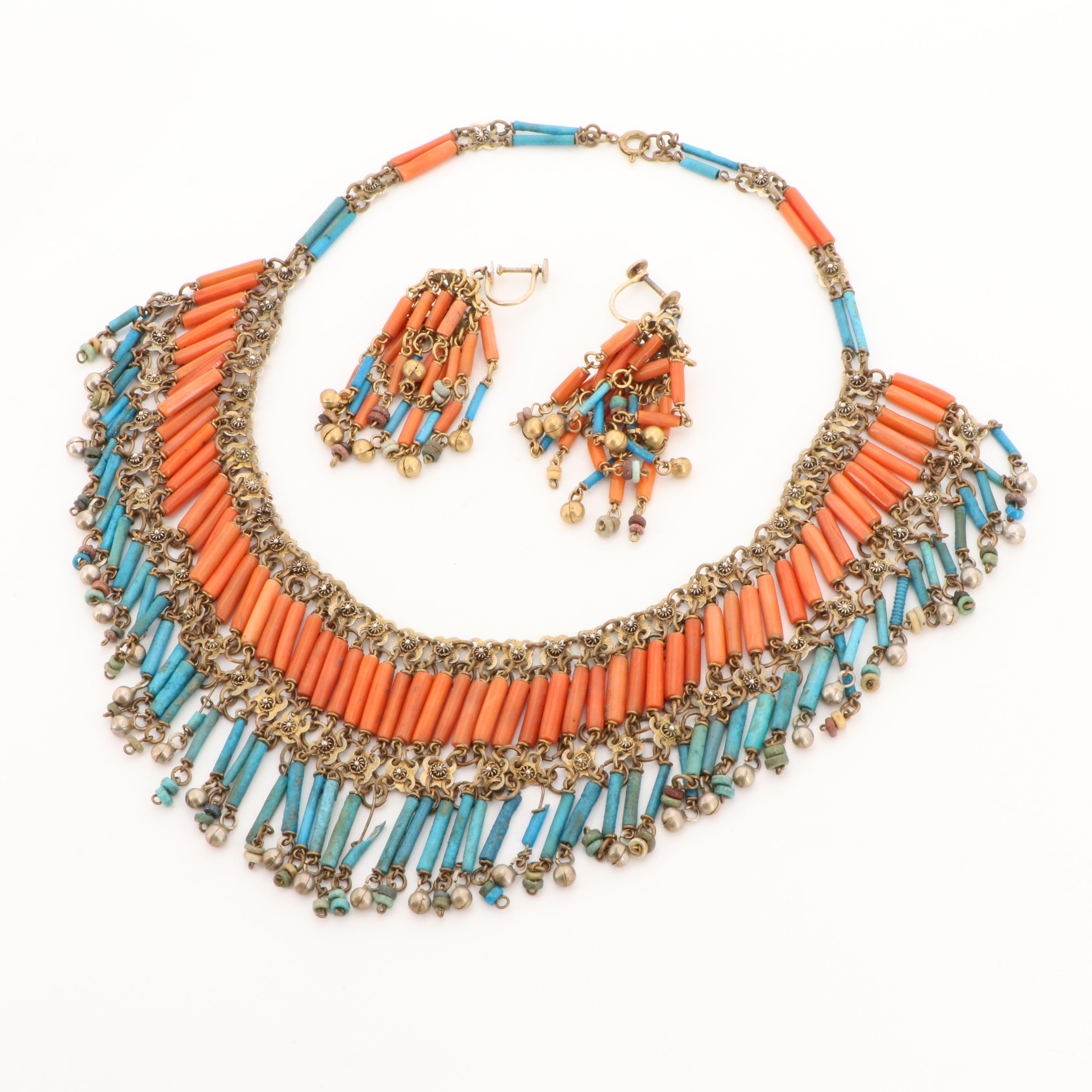 Circa 1930s Egyptian Revival Faience Coral and Glass Necklace and Earrings