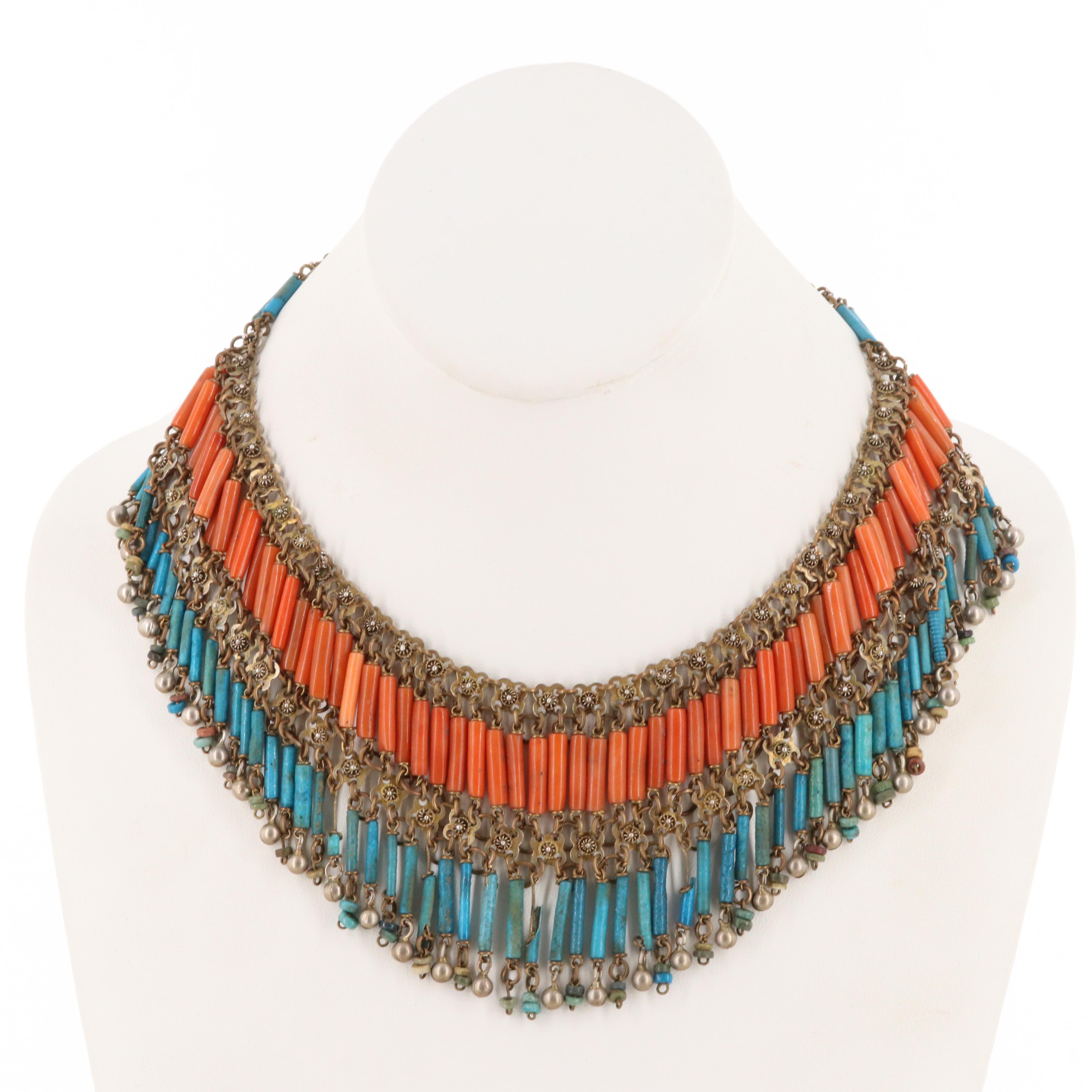 Circa 1930s Egyptian Revival Faience Coral and Glass Necklace and Earrings