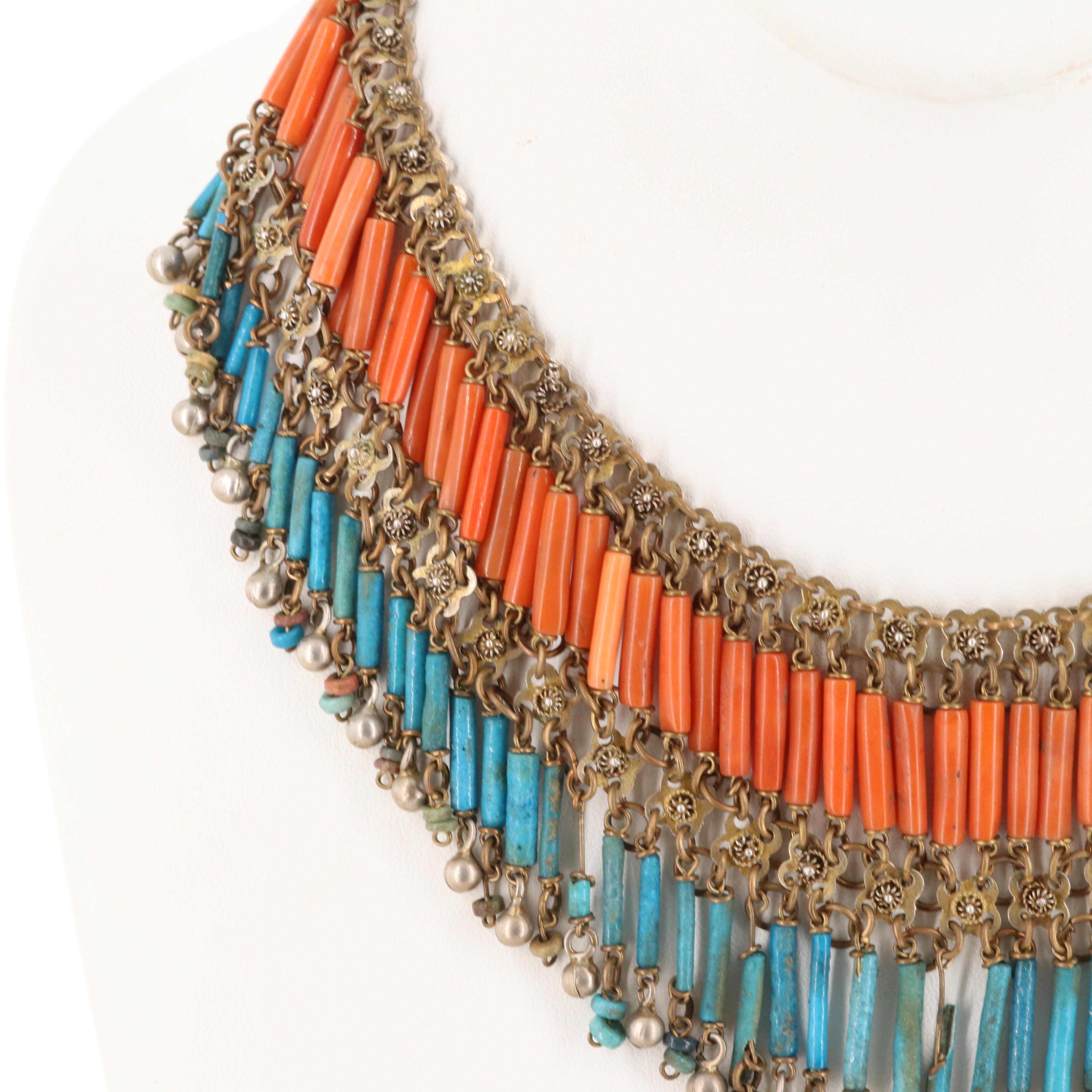 Circa 1930s Egyptian Revival Faience Coral and Glass Necklace and Earrings