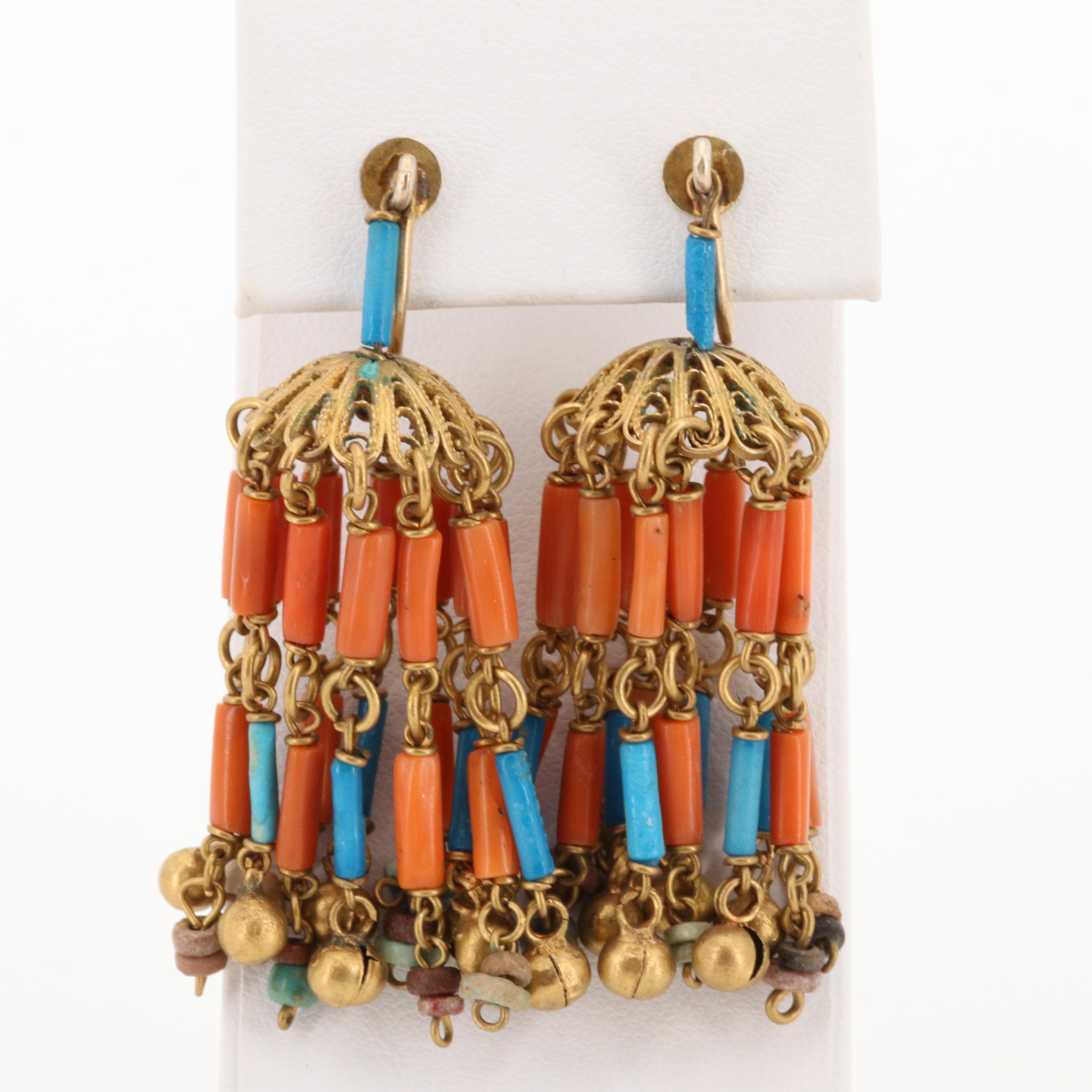 Circa 1930s Egyptian Revival Faience Coral and Glass Necklace and Earrings