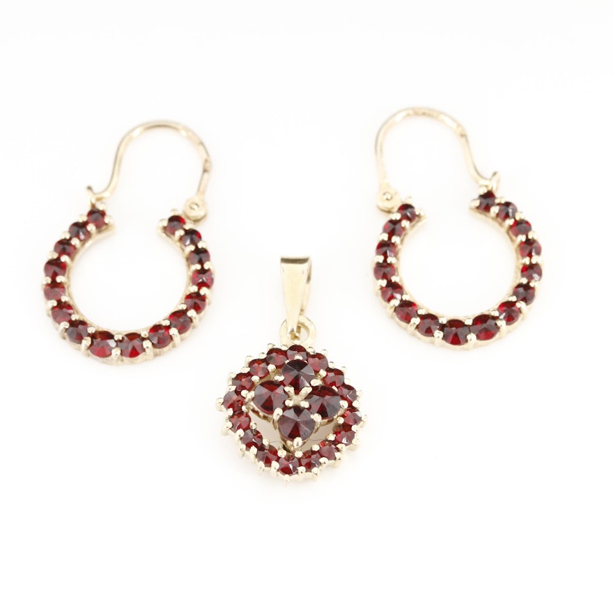 900 Silver Garnet Pendant and Earrings Set