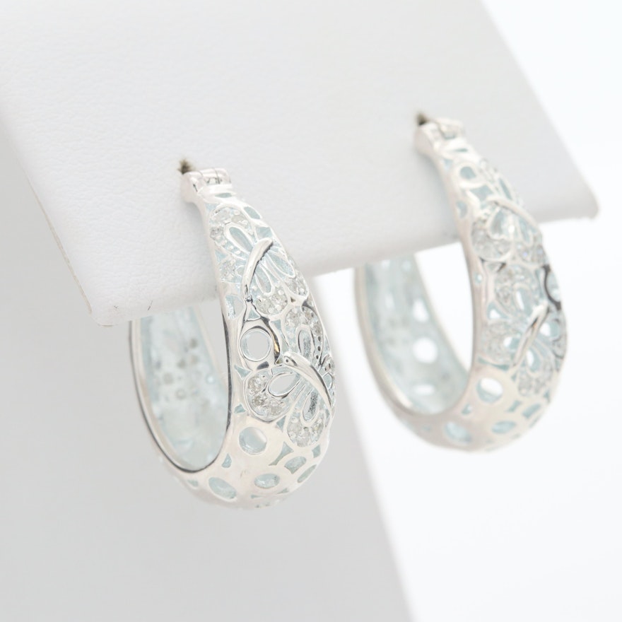 Fine Silver Diamond Hoop Earrings