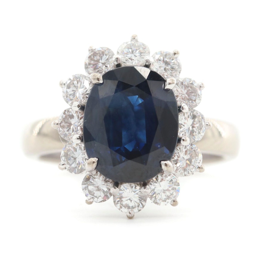 14K White Gold Blue Sapphire Ring with Diamond Halo