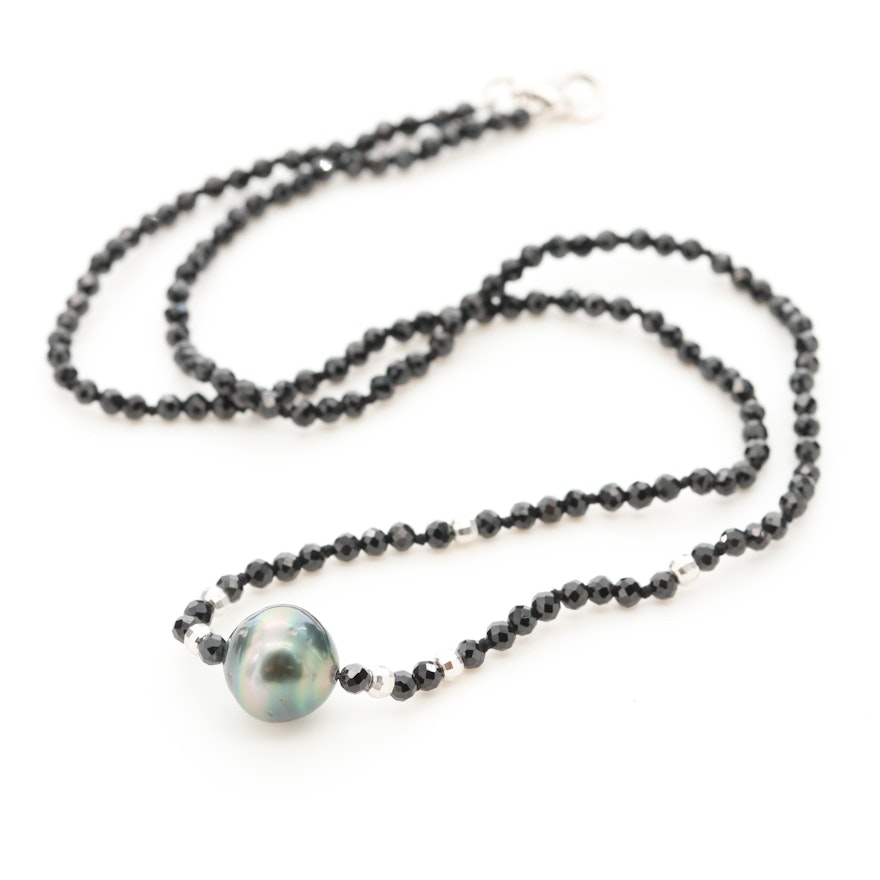 Sterling Silver Cultured Pearl and Black Spinel Beaded Necklace