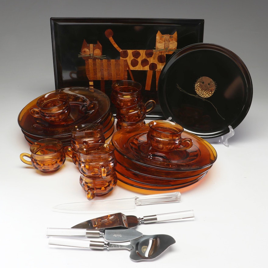 Couroc Platters Amber Pressed Glass Dinnerware and Serving Utensils