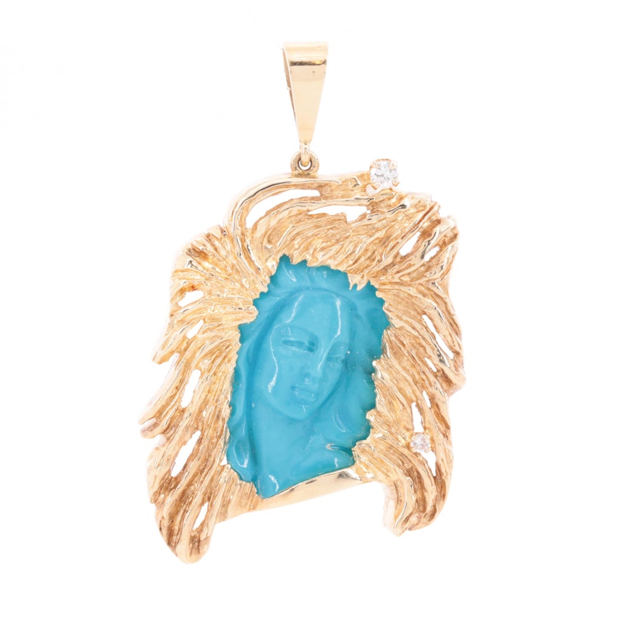 14K Yellow Gold Turquoise and Diamond Figural Pendant