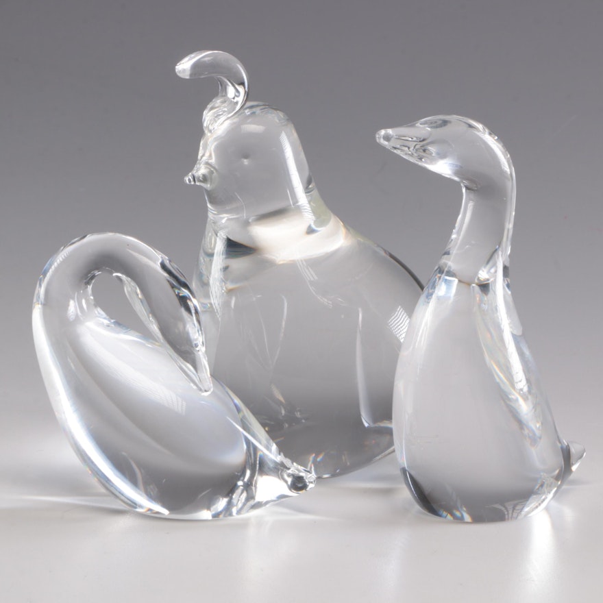 Steuben Art Glass Figurines including "Gander" and "Goose" by Lloyd Atkins