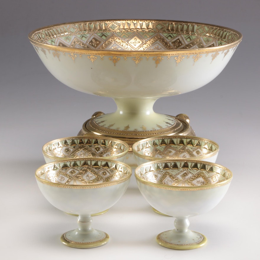 Hand Painted Nippon Gilt Moriage Bead Punchbowl with Cups, Early 1900s