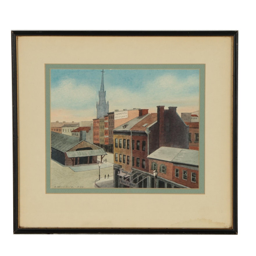A. Weierich 1958 Watercolor Painting of Cincinnati 5th Street Market