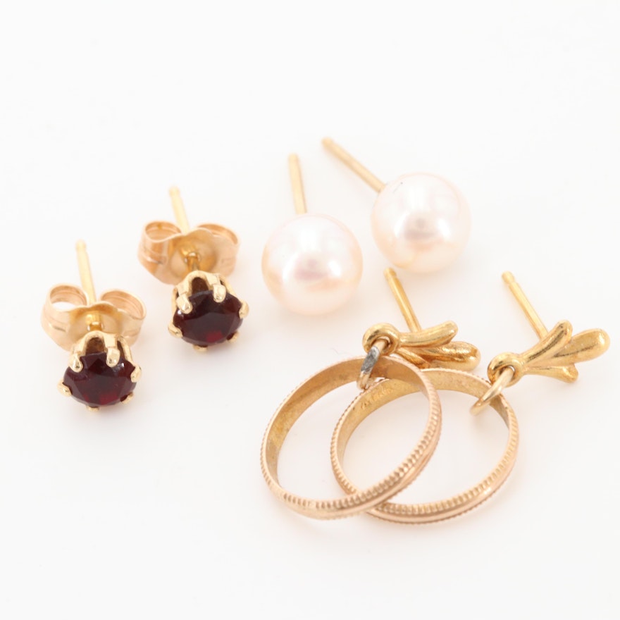 14K Yellow Gold Cultured Pearl and Glass Earrings