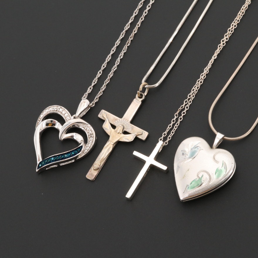 Sterling Silver Necklaces With Cross Pendants and Diamond Heart Pendant