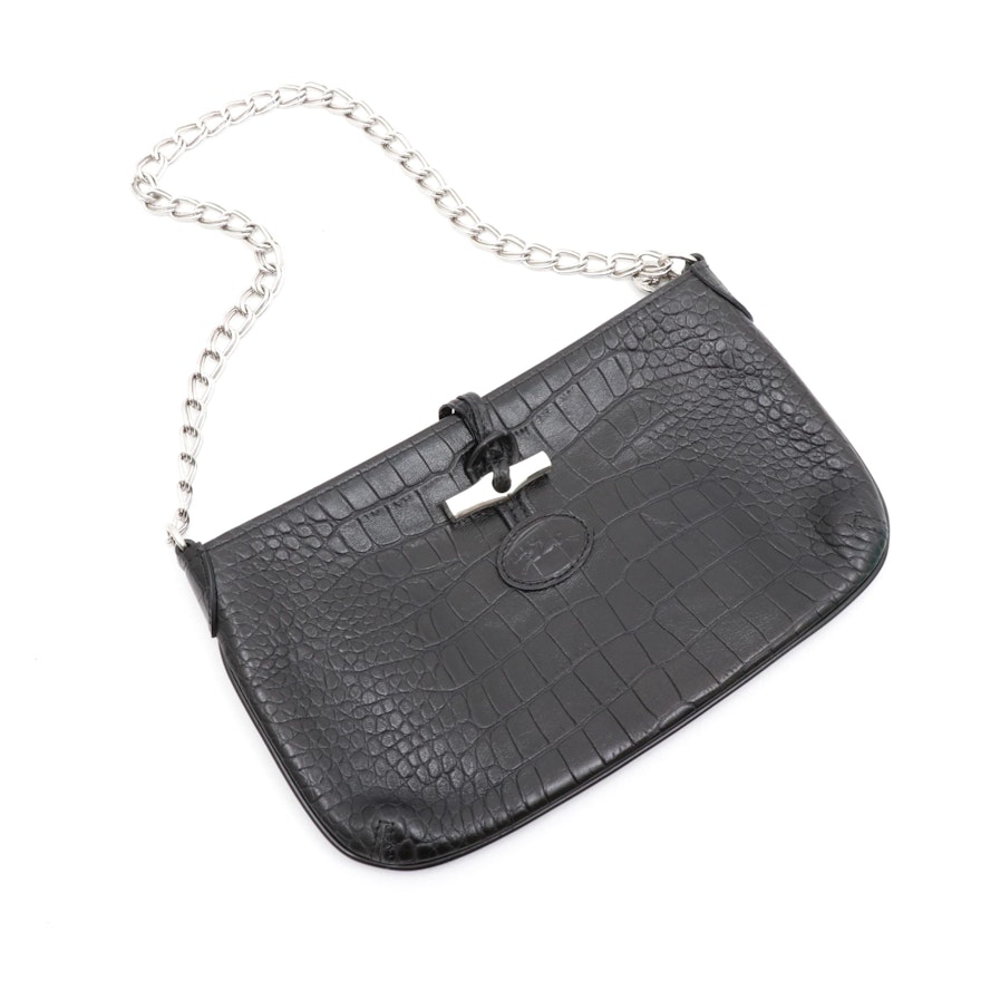 Longchamp Embossed Black Leather Shoulder Bag with Chain Strap