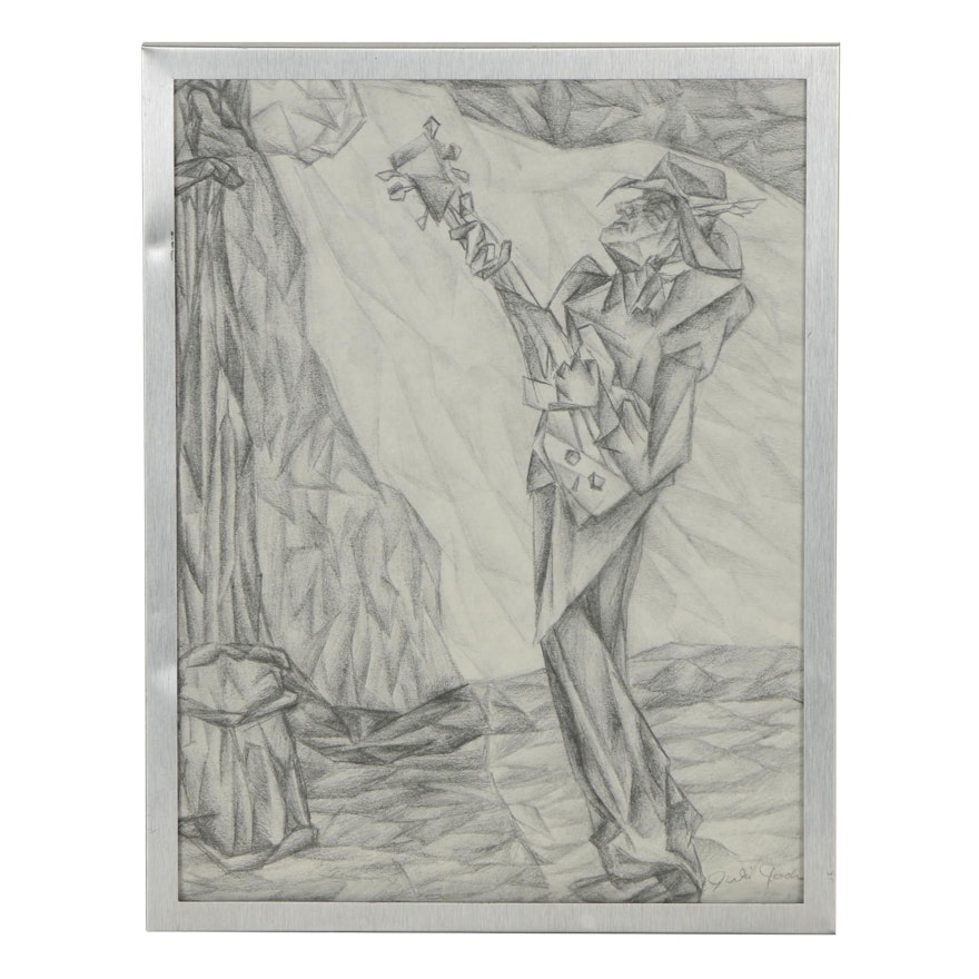 Late 20th Century Figural Graphite Drawing of Guitar Player