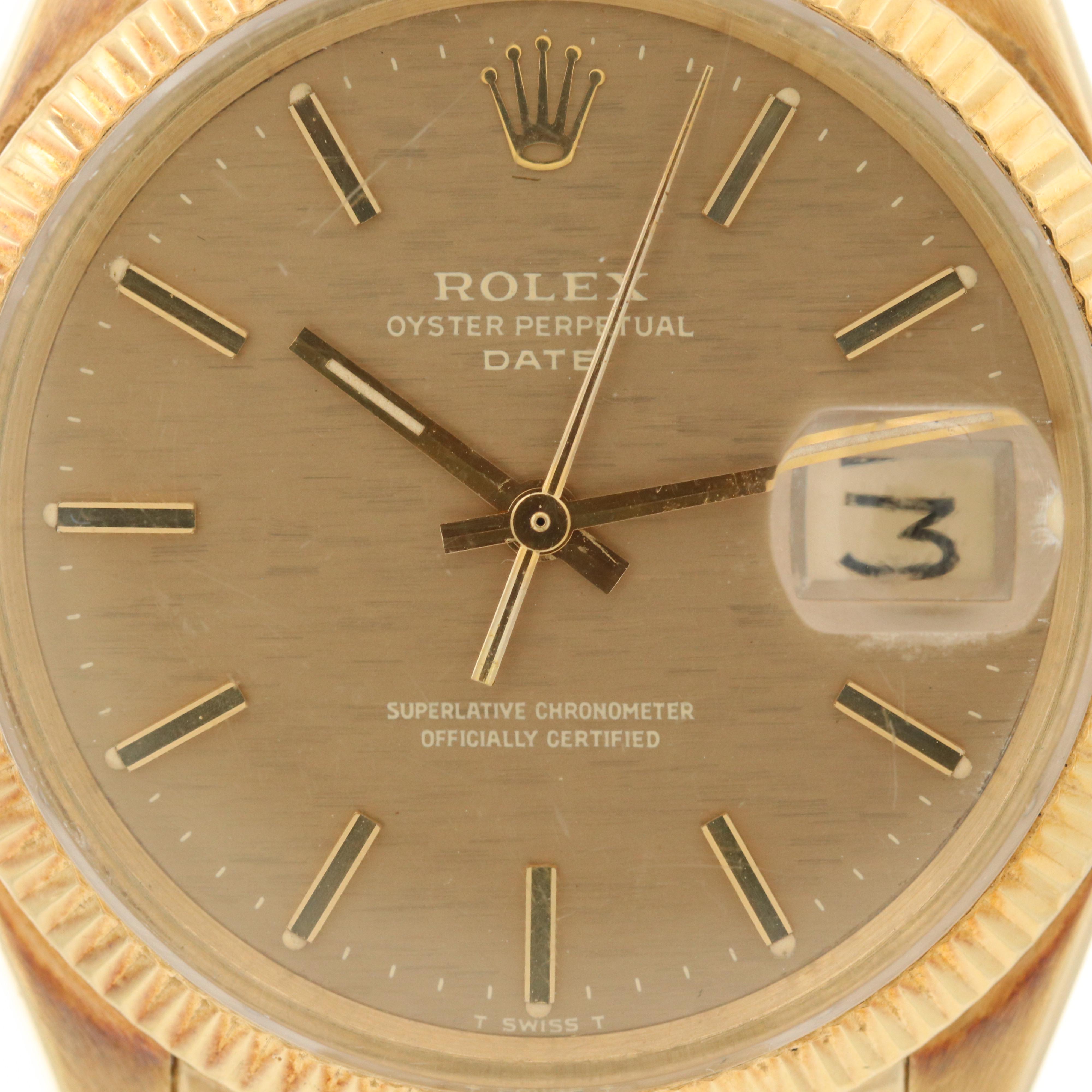 Vintage Rolex Oyster Perpetual Date 14K Gold Watch With Florentine Dial