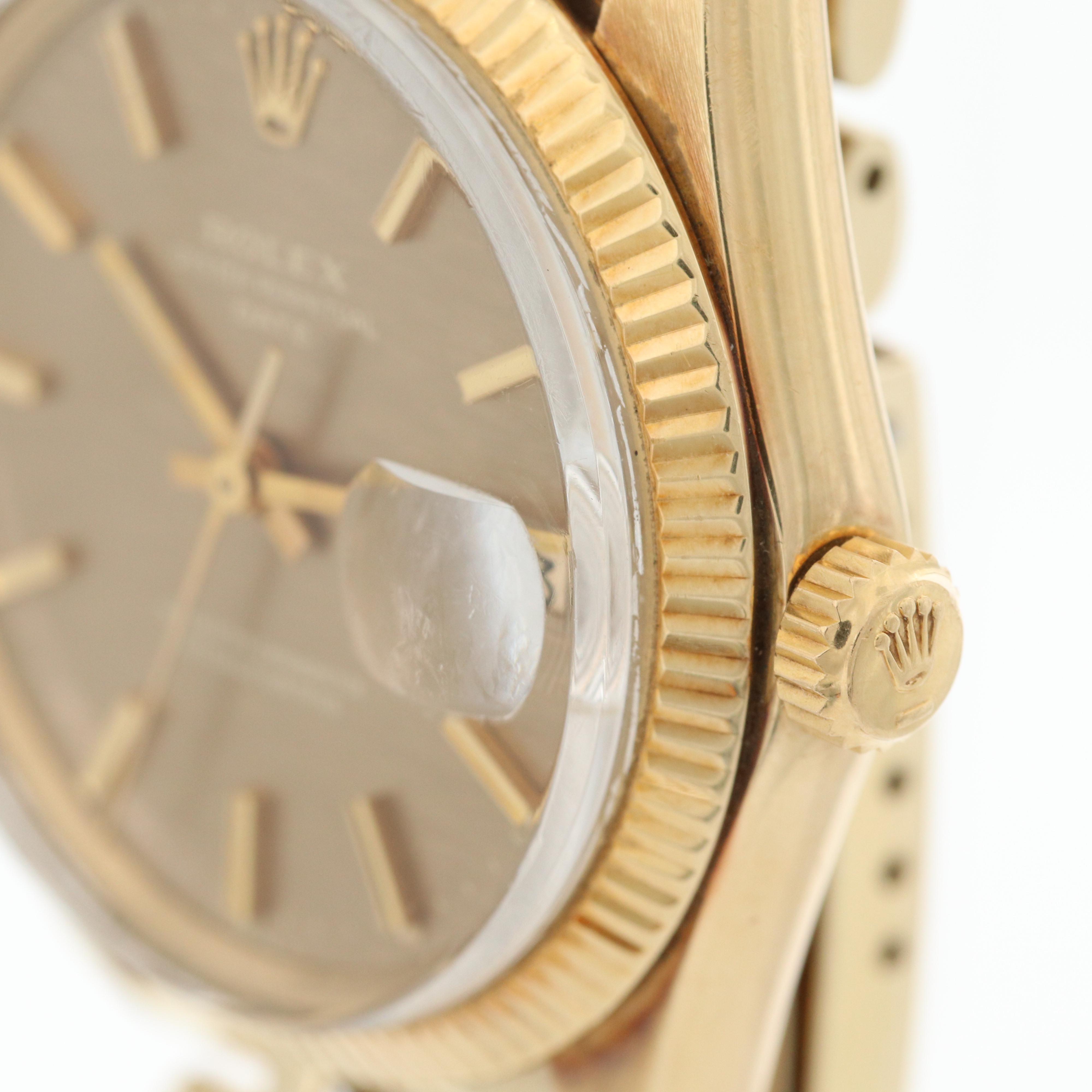 Vintage Rolex Oyster Perpetual Date 14K Gold Watch With Florentine Dial