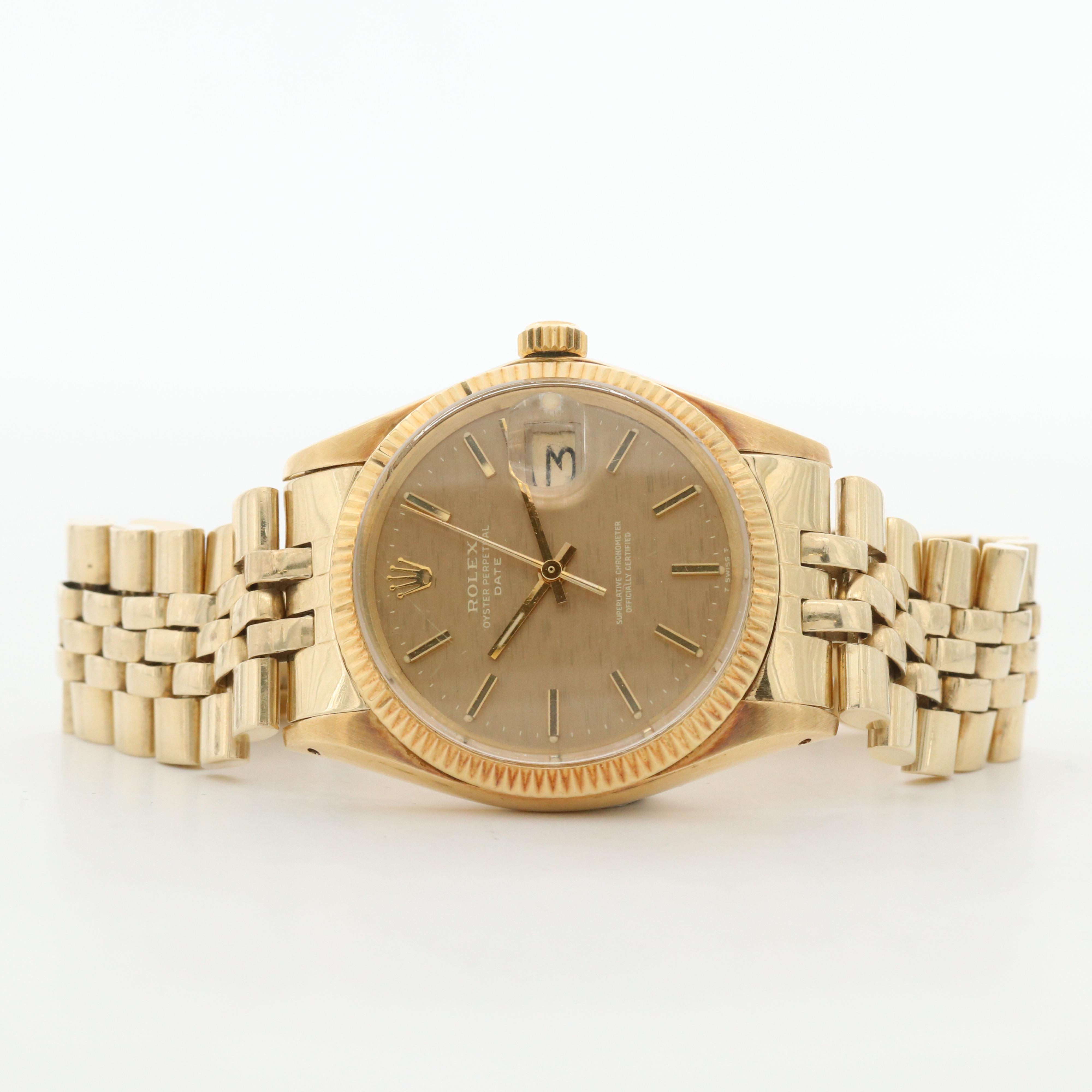 Vintage Rolex Oyster Perpetual Date 14K Gold Watch With Florentine Dial