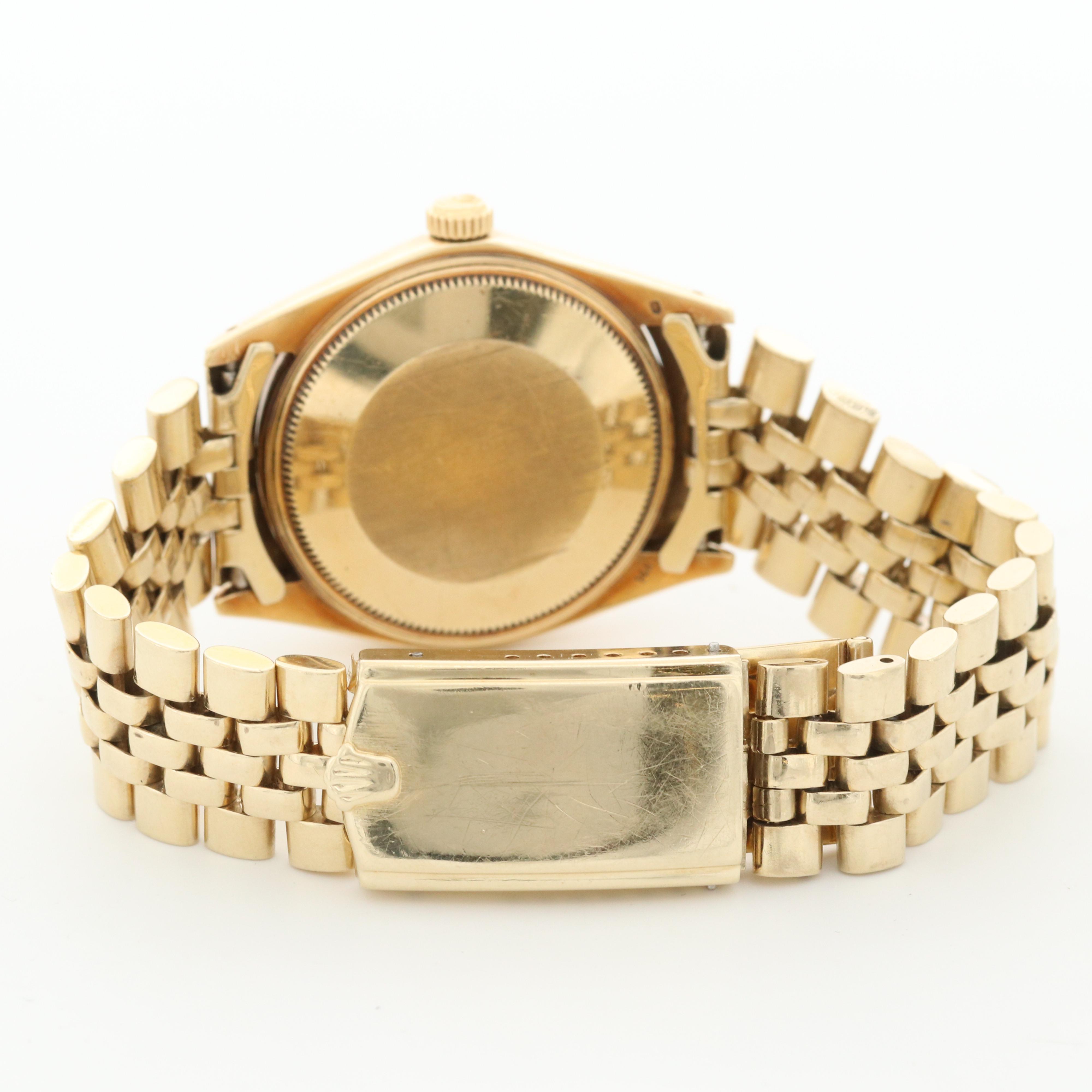 Vintage Rolex Oyster Perpetual Date 14K Gold Watch With Florentine Dial