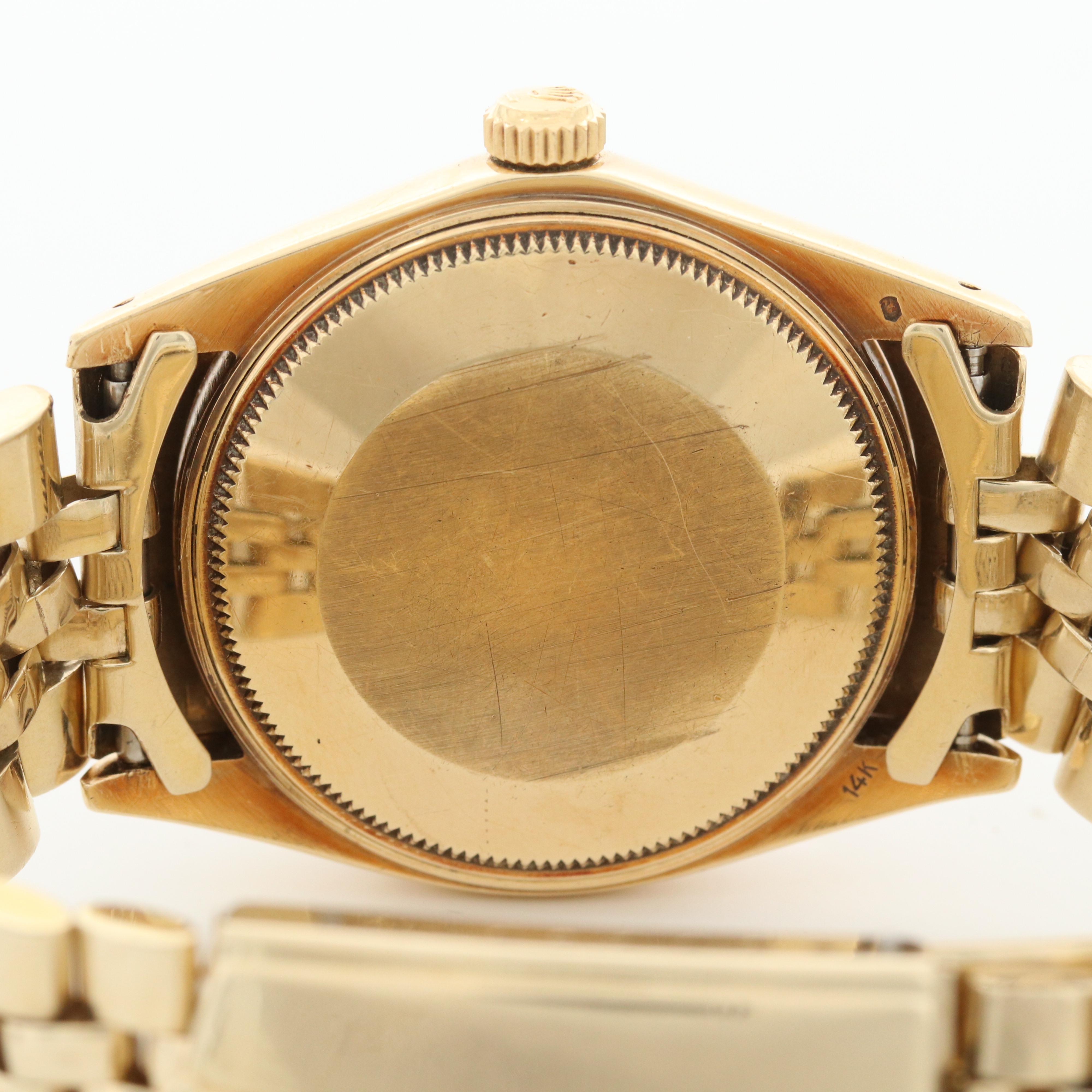 Vintage Rolex Oyster Perpetual Date 14K Gold Watch With Florentine Dial