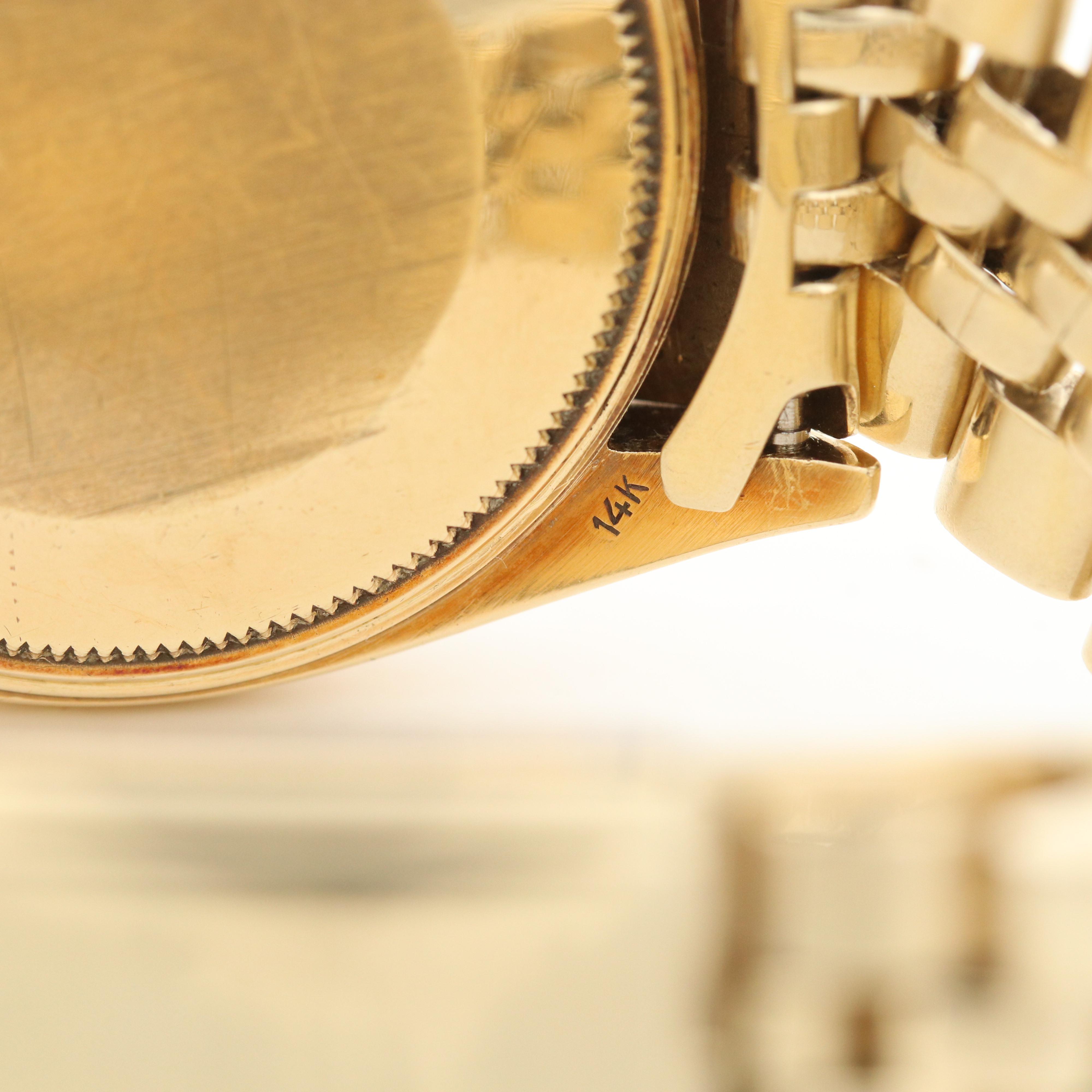 Vintage Rolex Oyster Perpetual Date 14K Gold Watch With Florentine Dial