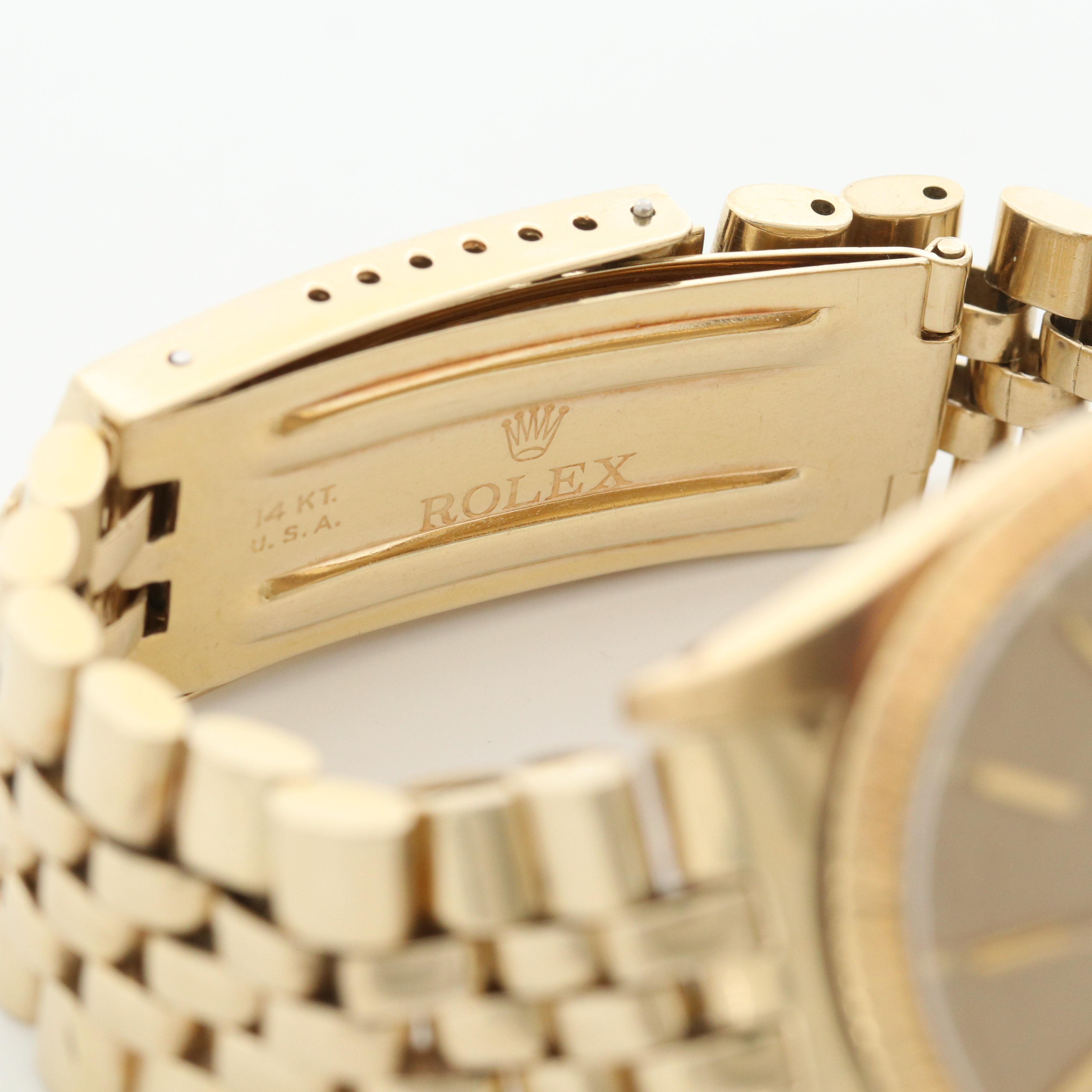 Vintage Rolex Oyster Perpetual Date 14K Gold Watch With Florentine Dial