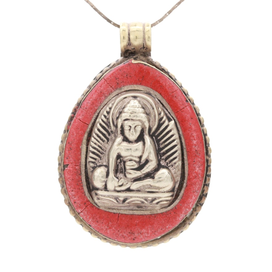 Sterling Silver Imitation Coral Buddha Necklace