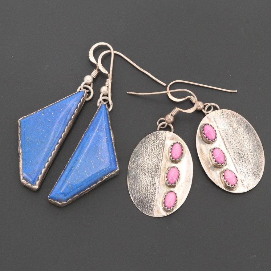 Southwestern Style Sterling Silver Lapis Lazuli and Quartz Drop Earrings