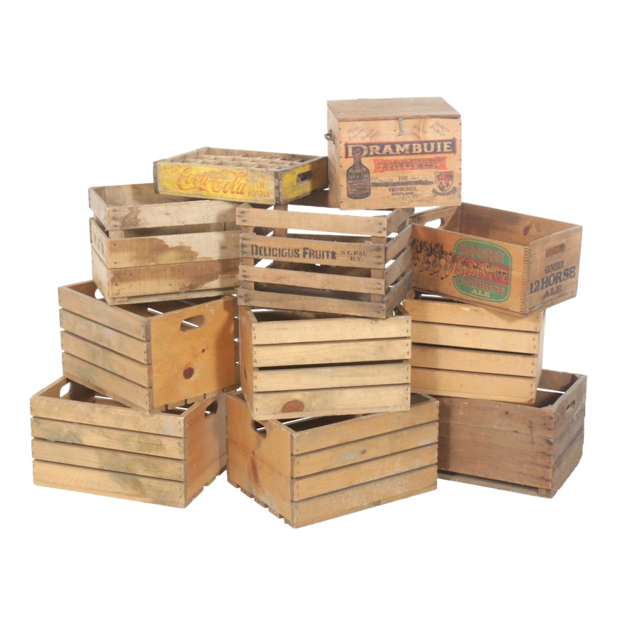 Vintage Wood Crates Including Coca-Cola, Drambuie, and Genesee