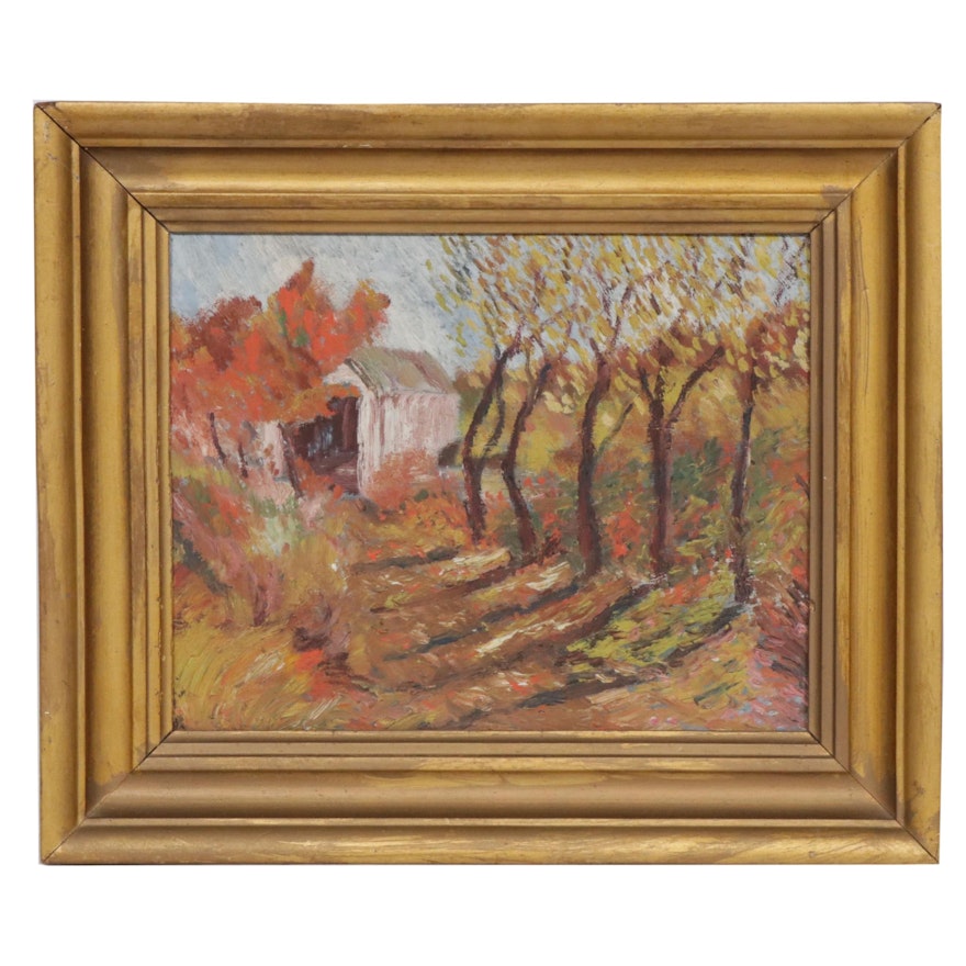 Impressionist Style Landscape with Barn Oil Painting, Mid-20th Century