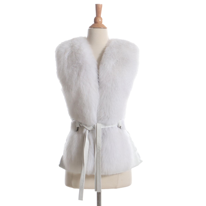 White Leather Vest with Tie Belt and Fox Fur