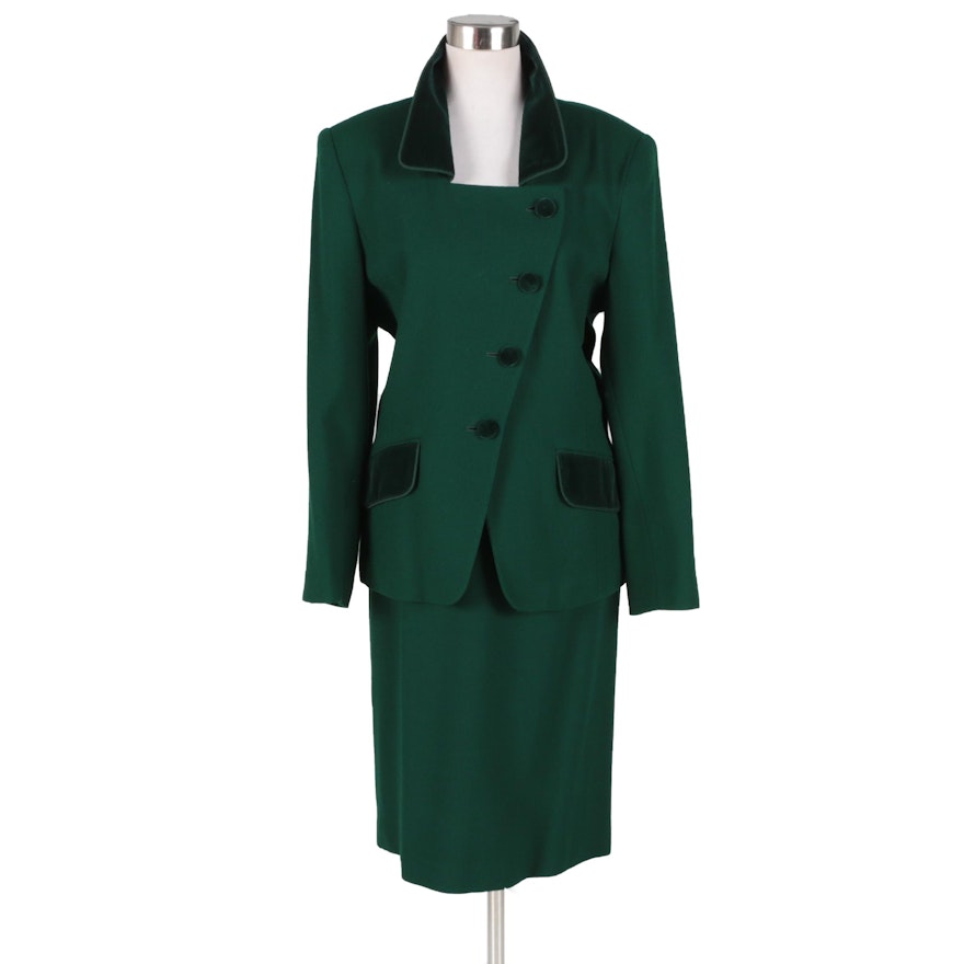 Albert Nipon Suits Kelly Green Velvet Trimmed Skirt Suit