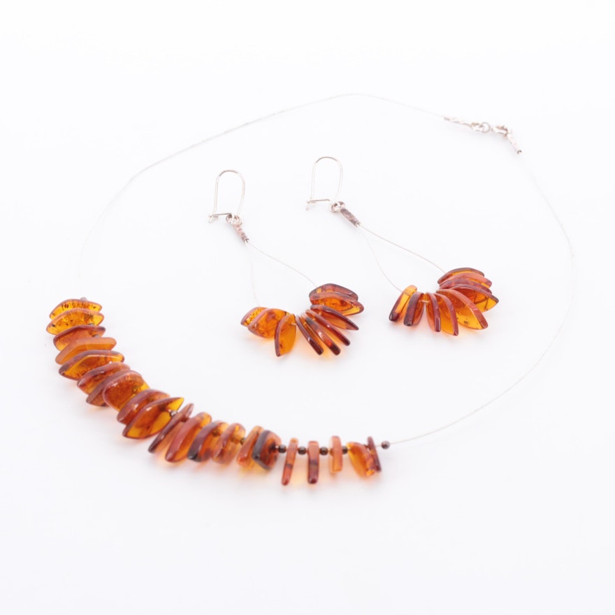 Sterling Silver Amber Necklace and Earrings Set