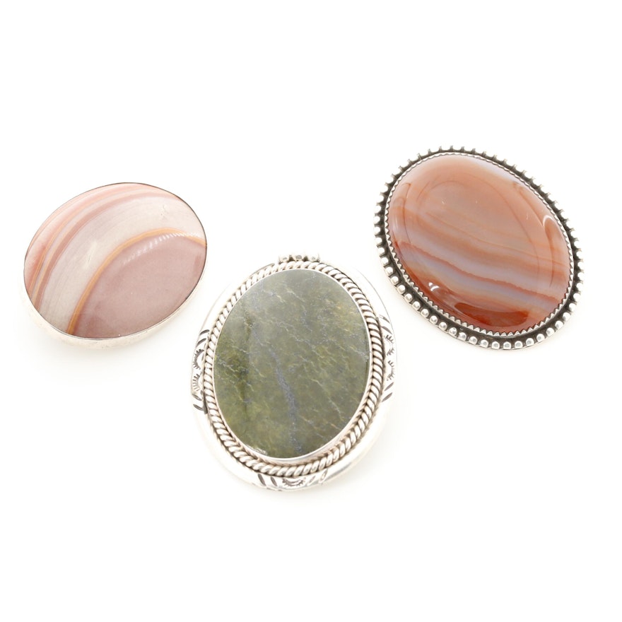 Sterling Silver Jasper, Agate and Serpentine Converter Brooches