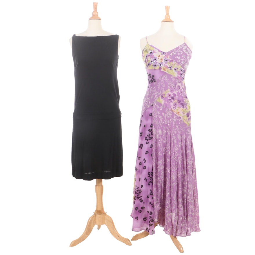 Bottega Veneta Black Drop Waist Dress and Nicole Miller Purple Floral Silk Dress