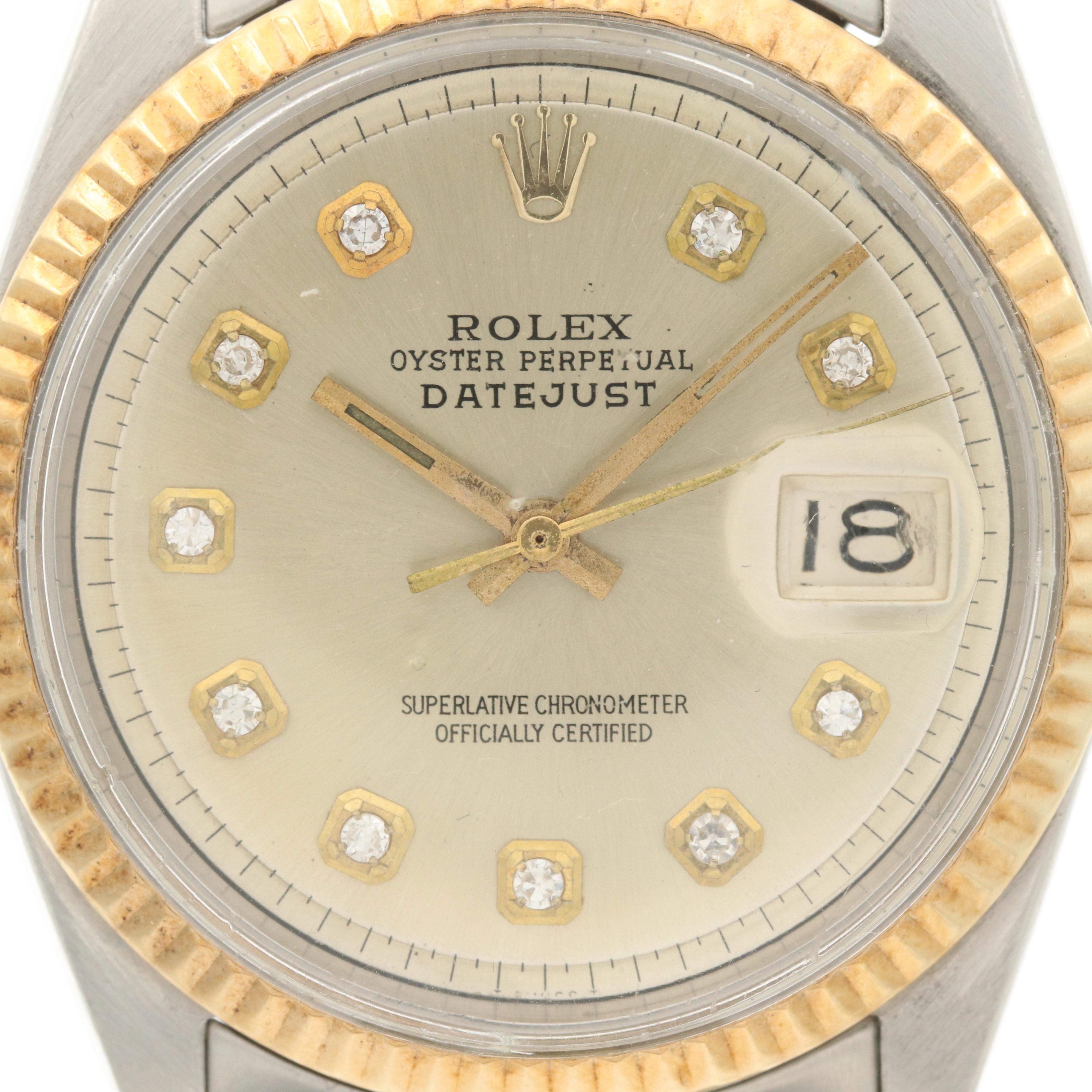Rolex Datejust 14K Gold and Stainless Steel Watch With Diamond Pie Pan Dial