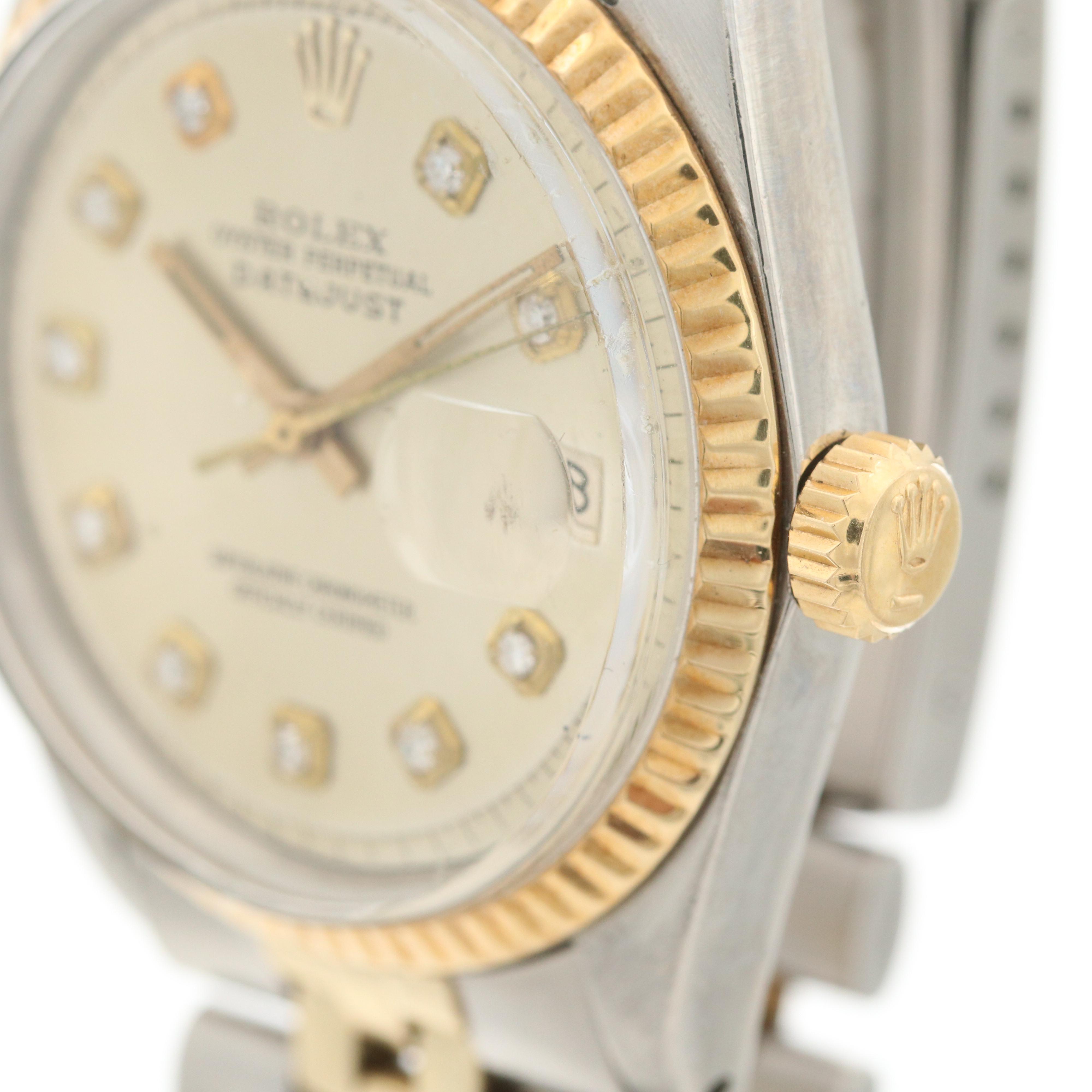 Rolex Datejust 14K Gold and Stainless Steel Watch With Diamond Pie Pan Dial