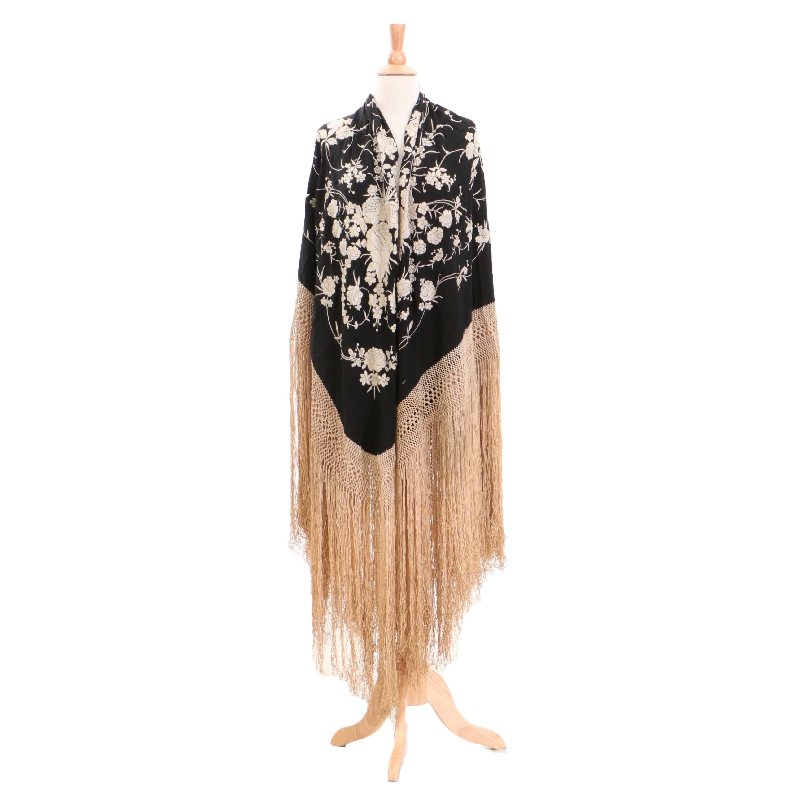 Floral Embroidered Black Silk Piano Shawl
