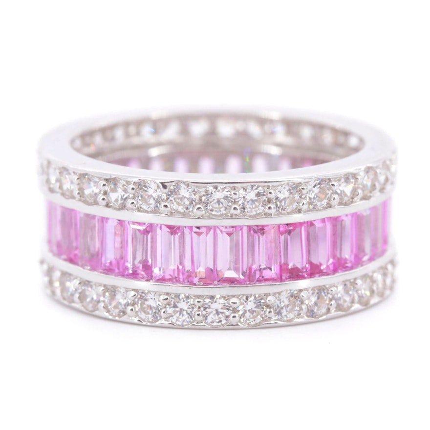 14K White Gold Pink Sapphire and Cubic Zirconia Eternity Band