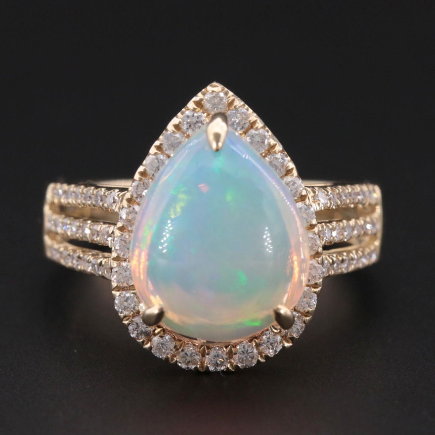 14K Yellow Gold Opal and Diamond Ring