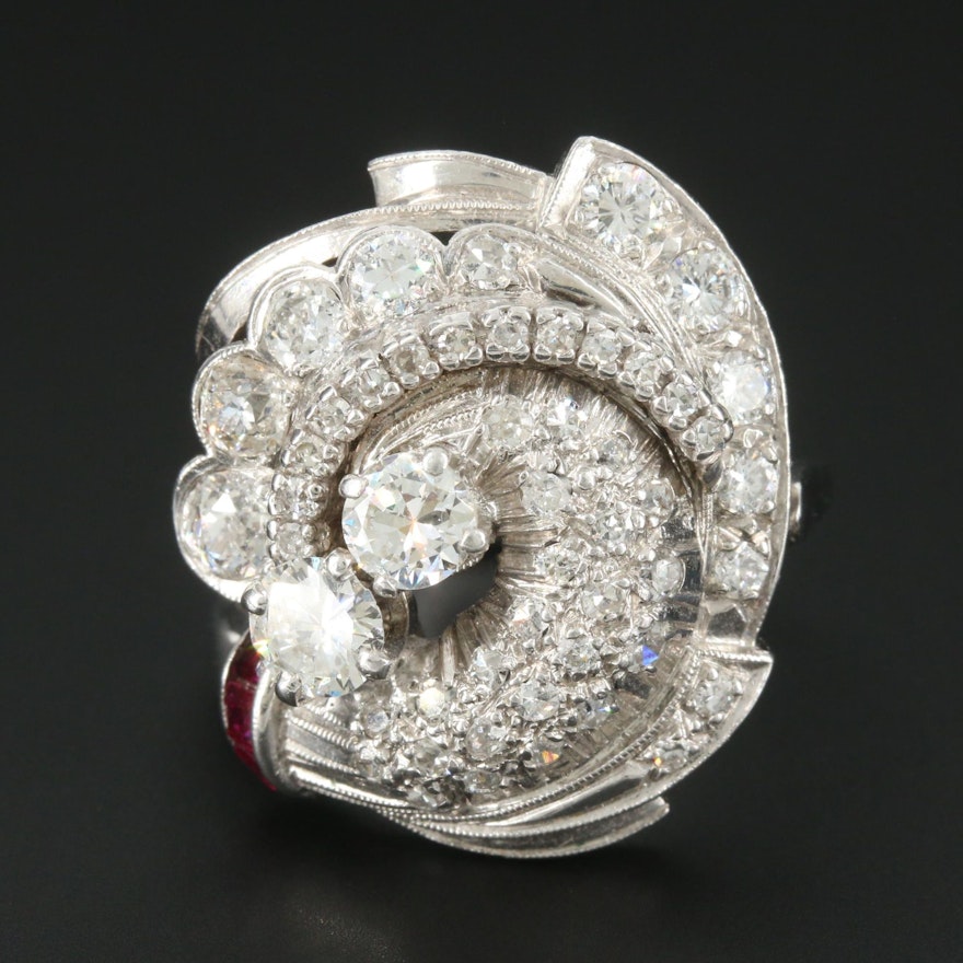 Vintage Platinum 1.84 CTW Diamond and Ruby Ring