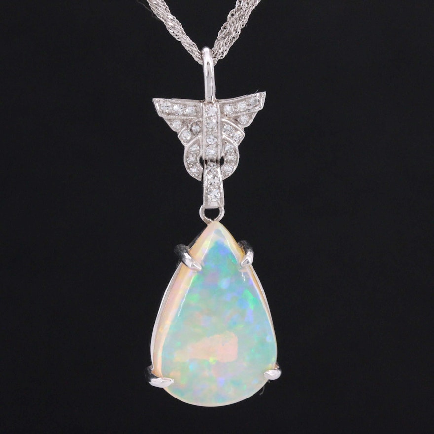 14K White Gold and Platinum Opal and Diamond Pendant Necklace
