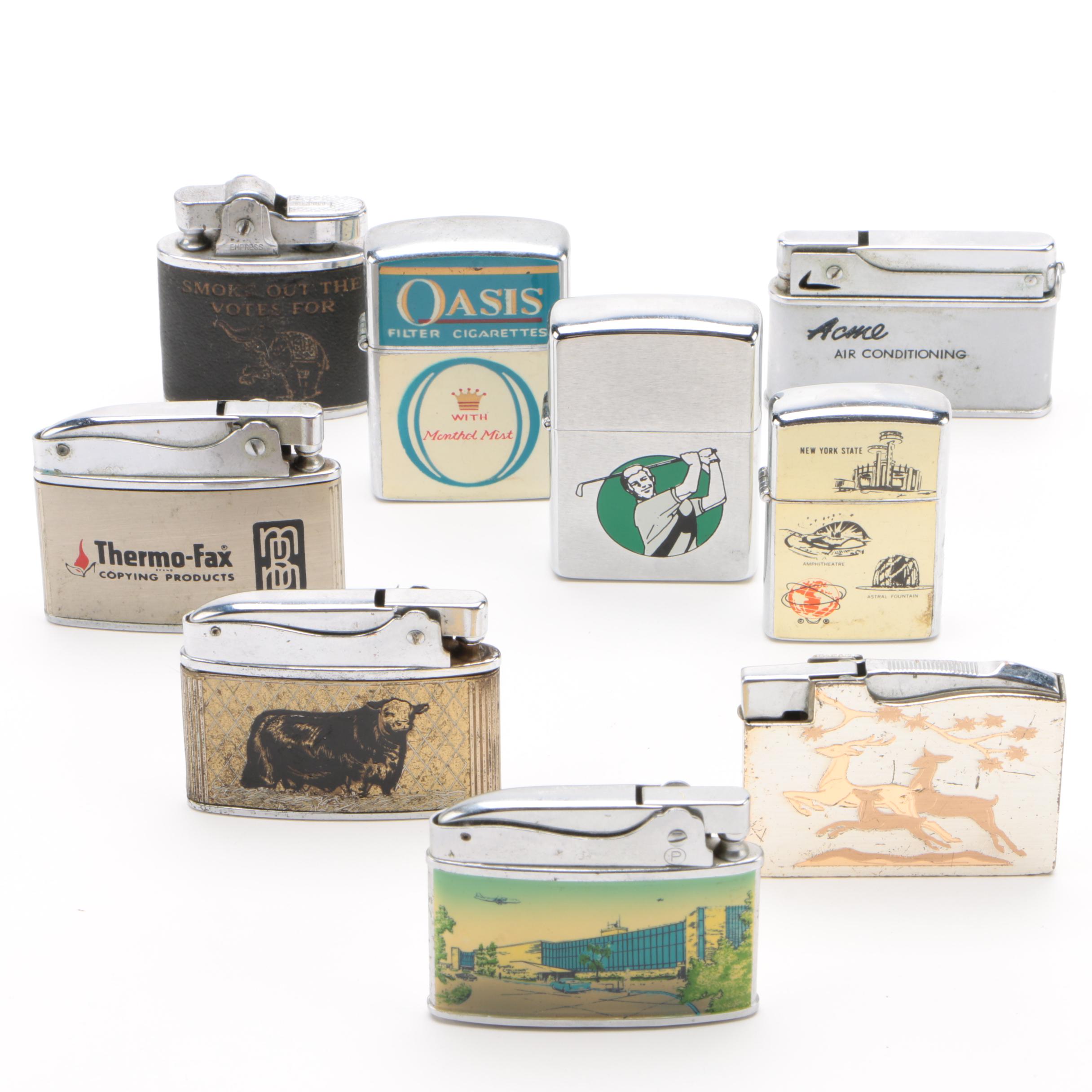 Branded and Advertising Cigarette Lighters Including Elgin and Penguin, Vintage