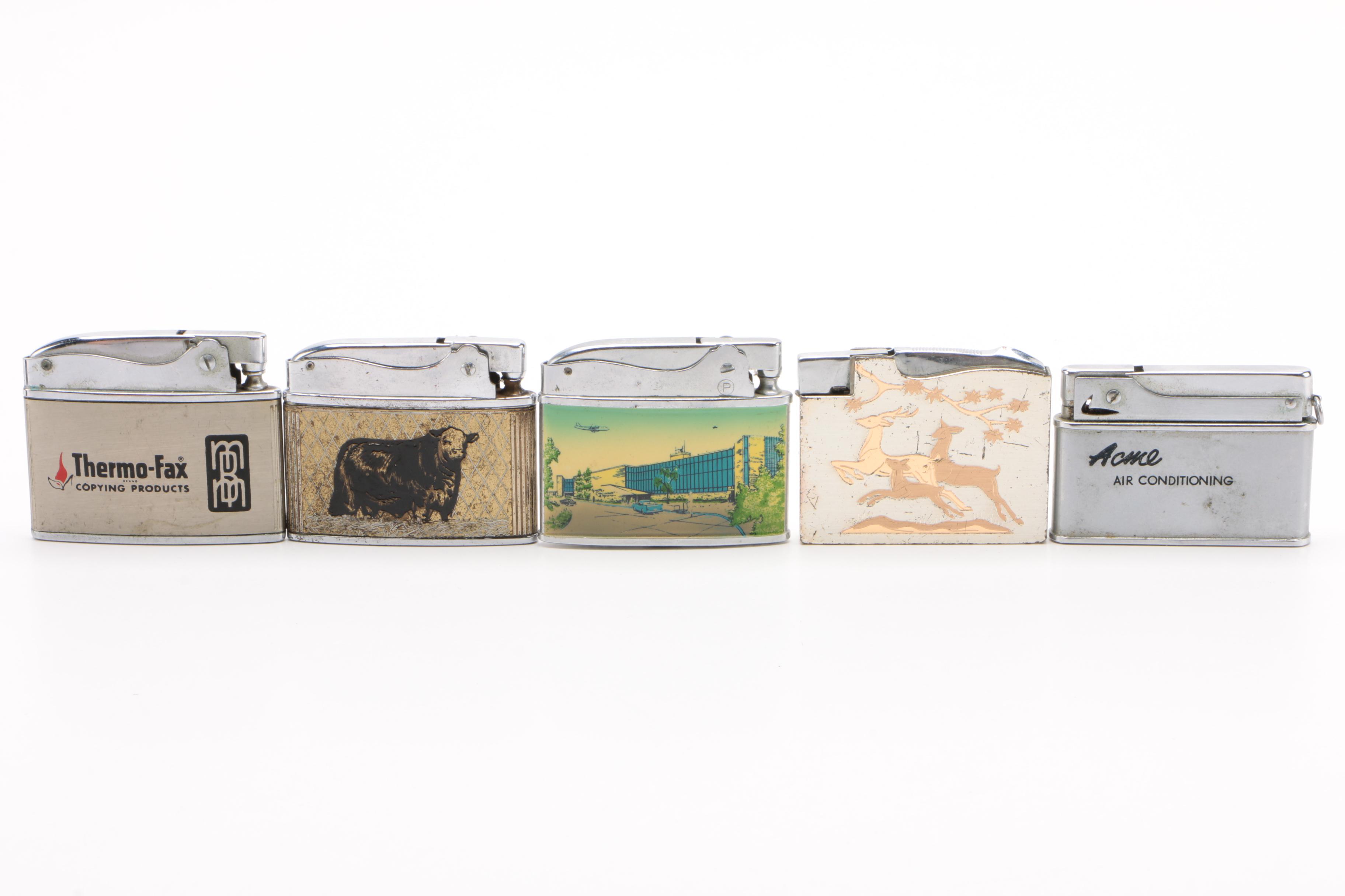 Branded and Advertising Cigarette Lighters Including Elgin and Penguin, Vintage