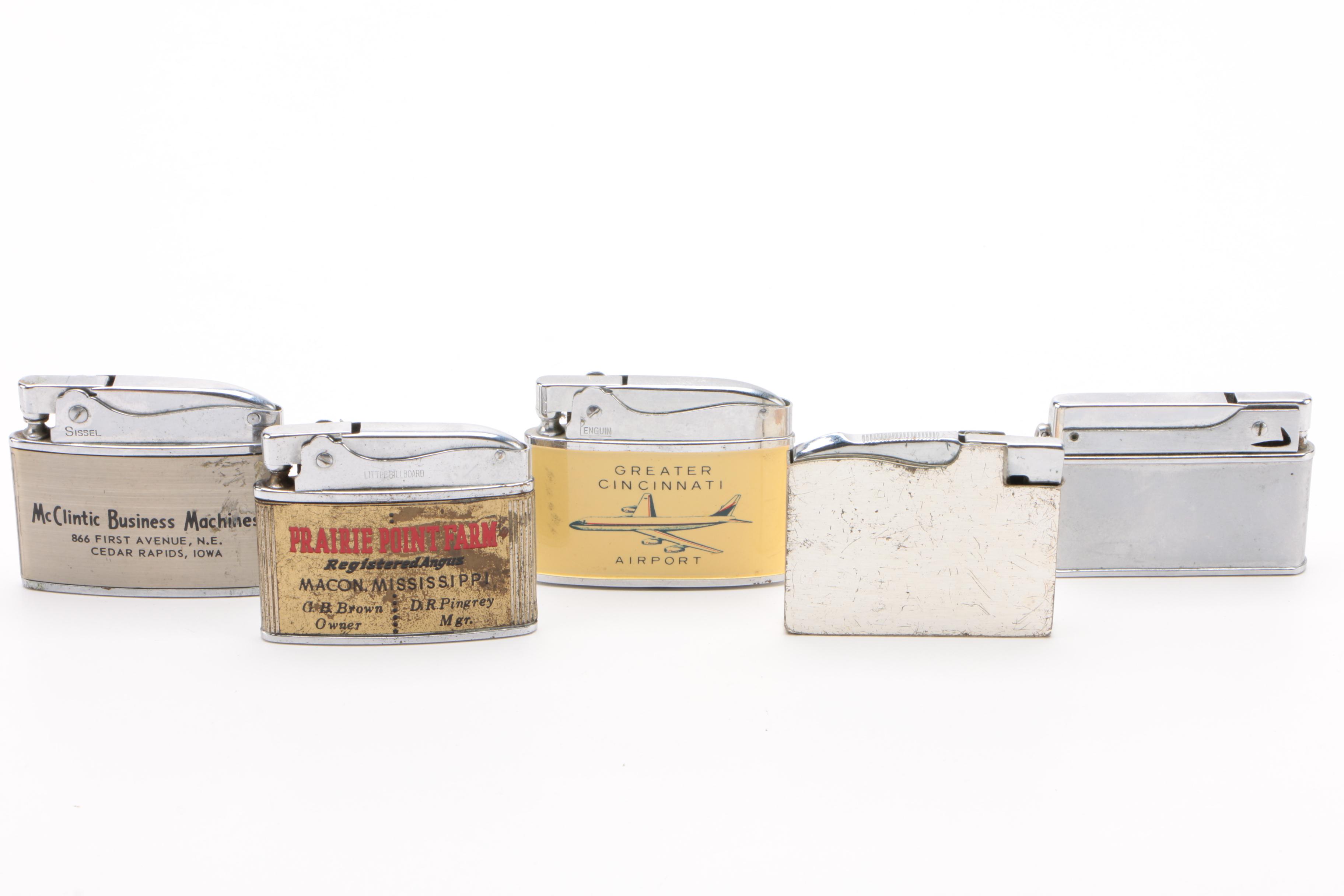 Branded and Advertising Cigarette Lighters Including Elgin and Penguin, Vintage