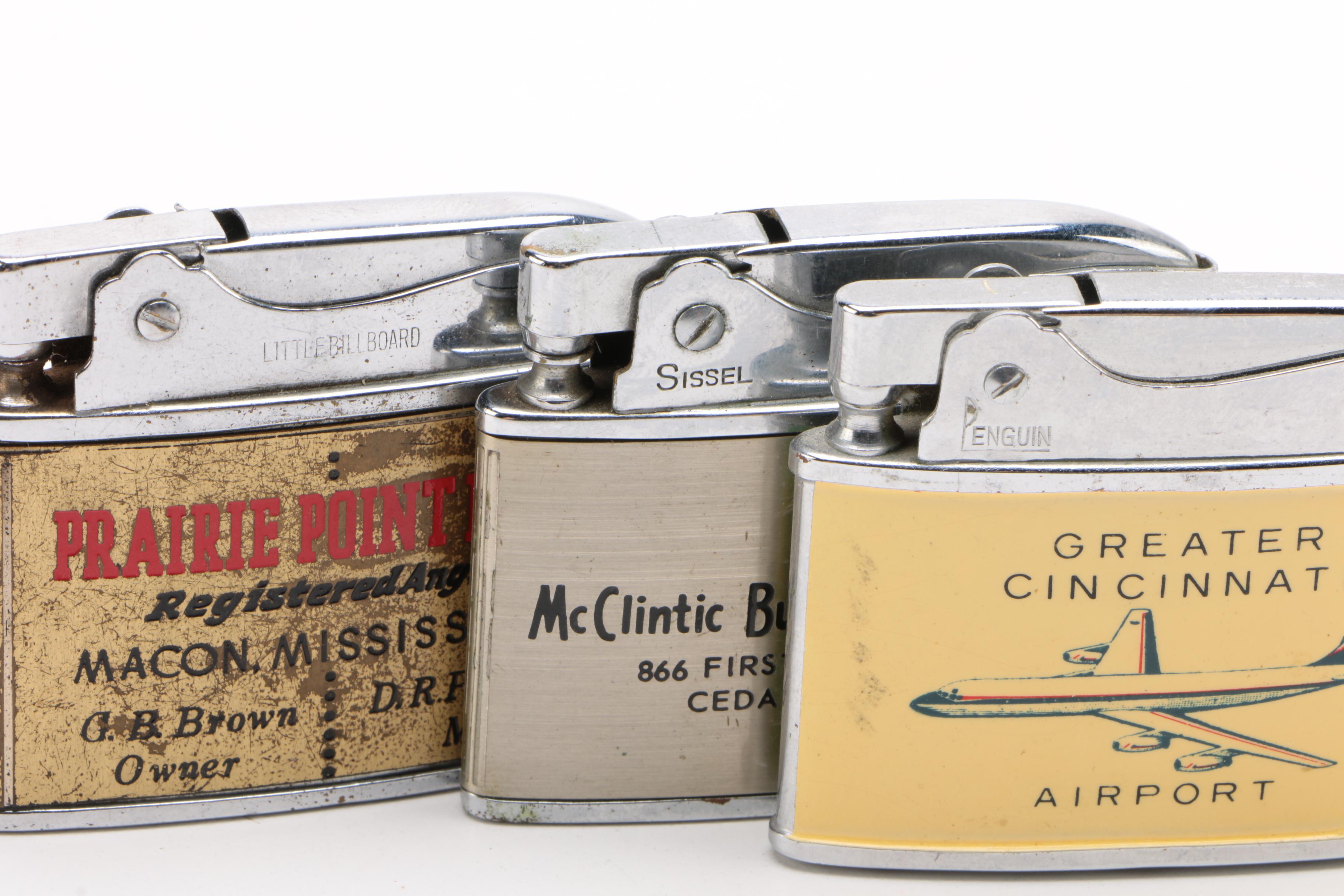 Branded and Advertising Cigarette Lighters Including Elgin and Penguin, Vintage