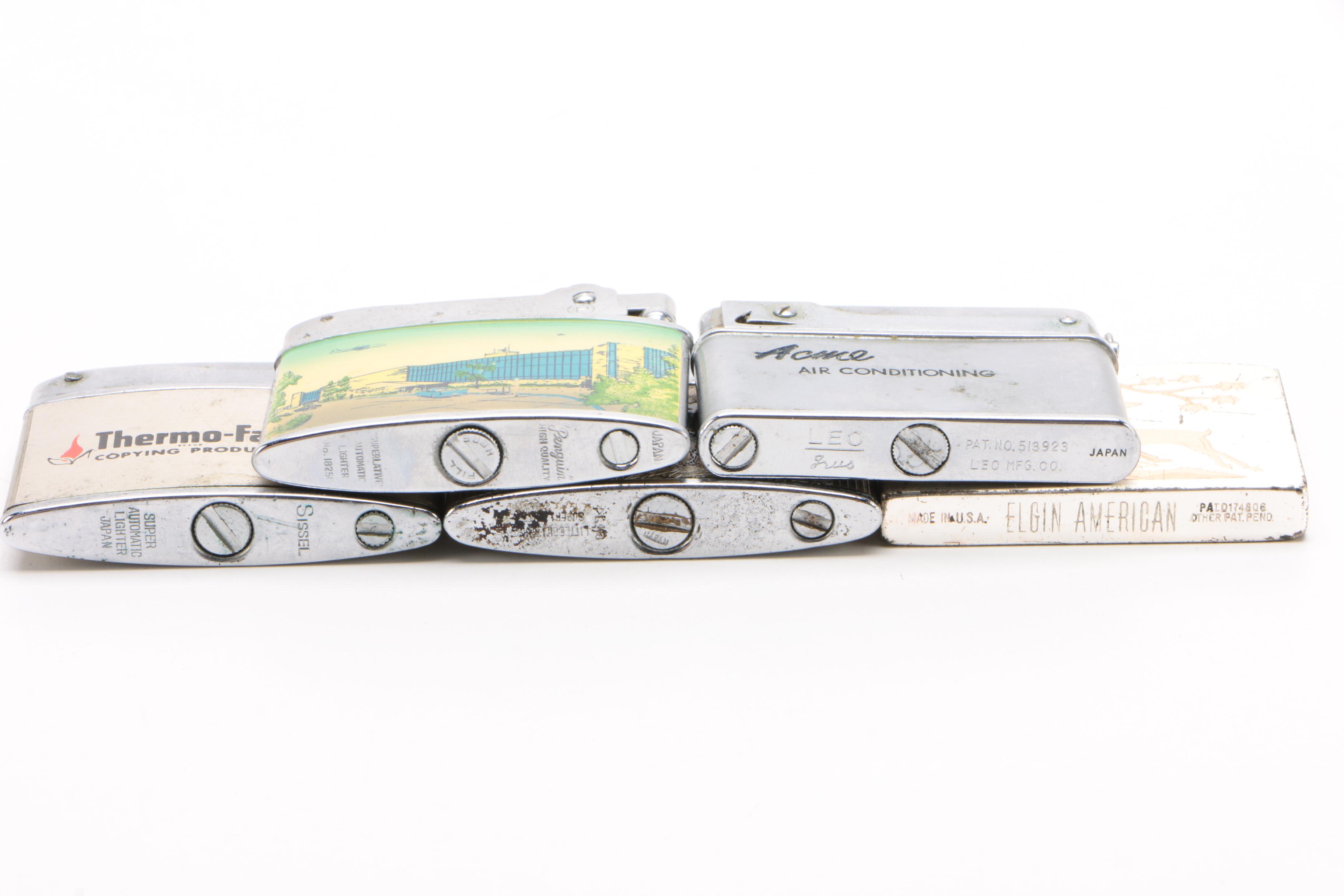 Branded and Advertising Cigarette Lighters Including Elgin and Penguin, Vintage